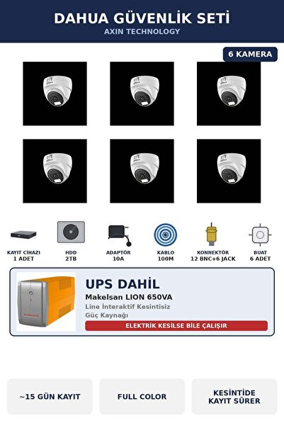 DAHUA 6 Kameralı 5MP UPS'li Güvenlik Kamera Seti 5MP Full Color Sesli Dome İç...