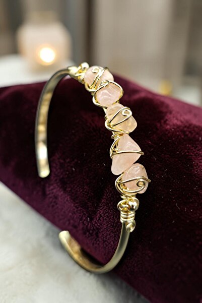 NBS Beautiful Naturel Stones Pink Quartz Natural Stone Brass Bracelet