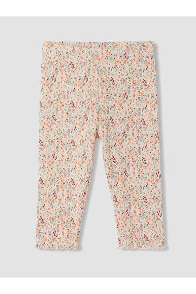 LC Waikiki Lcw Kids Ecru Floral Patterned Ribbed Girls' 3/4 Length Leggings