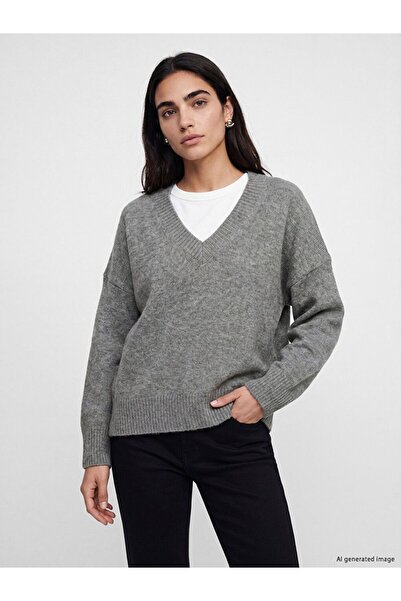 LC Waikiki Lcw Vision Gray V-Neck Oversize Women's Knitwear Sweater