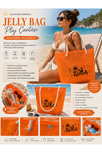 violena Beach Jelly Bag Büyük Boy Plaj Çantası - Turuncu Şeffaf TPU Kadın Omu...