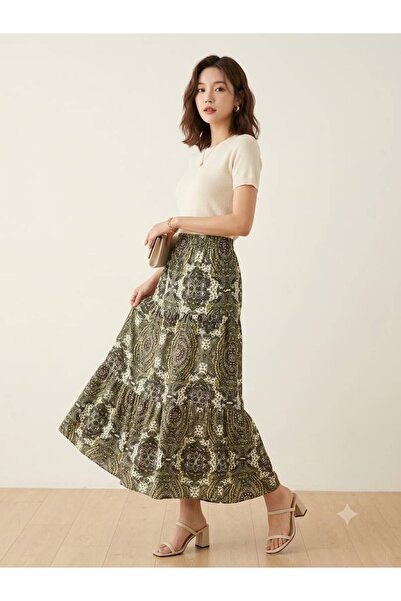 520CK Women's Green Patterned Skirt with Ruffles - Long Skirt - Hijab Skirt