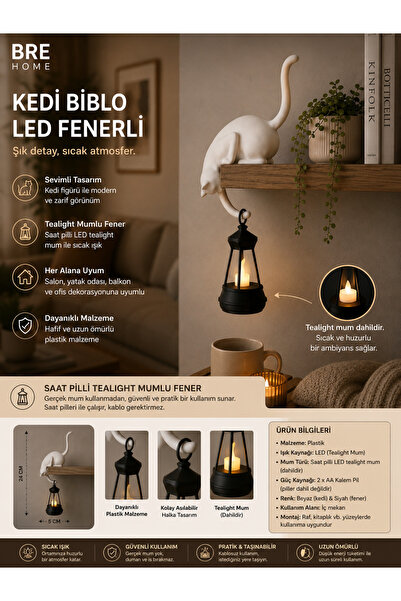 BRE HOME Dekoratif Kedi Biblo LED Fenerli Saat Pilli Tealight Mumlu Plastik M...
