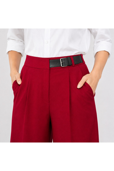 Emporya Women's Burgundy Half Belt Detailed Pocketed High Waist Comfortable Wide Leg Palazzo Trousers