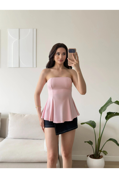 Zoom Butik Volanlı Straplez Bluz - PEMBE