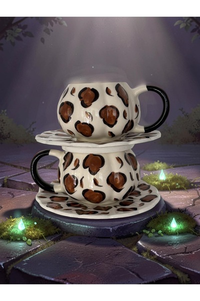 Çiporcal Pumpkin Mug Leopard 2-Piece Mug Set with Plate, Hand-Decorated Ceramic