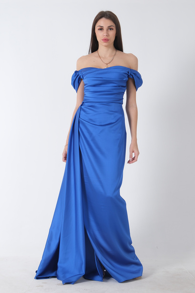 belamore Drape Detaylı Saten Kumaş Abiye Elbise Saks 9704858