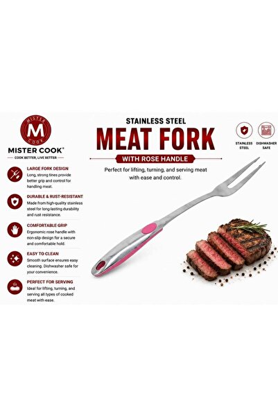 MISTERCOOK Stainless Steel Meat Fork with Rose Handle – Durable & Practical K...