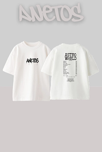 Anetos تيشيرت أبيض كبير الحجم مطبوع بتصميم Astroworld_1 للجنسين