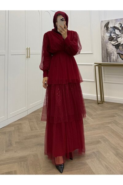 bezenstore KATLI PAYETLİ TÜL BORDO ELBİSE