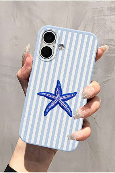KVK PRİVACY iPhone 17 Uyumlu Mavi Deniz Yıldızı Desenli Çizgili Kadifemsi Sof...