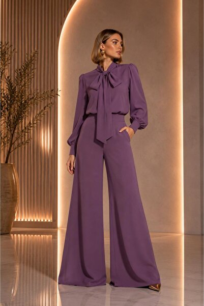 ALYEL NAKER Balloon Sleeve Blouse & Wide Leg Pants Top & Bottom Crepe Set