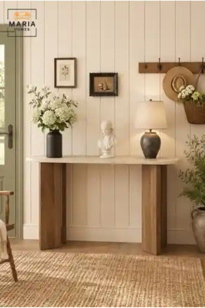 MARIA HOMES طاولة كونسول عصرية بسطح رخامي وقاعدة خشبية للمدخل والردهة وغرفة ا...