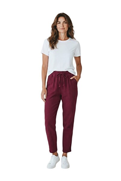 MODA Women's Elastic Waist Narrow Leg Muslin Linen Trousers