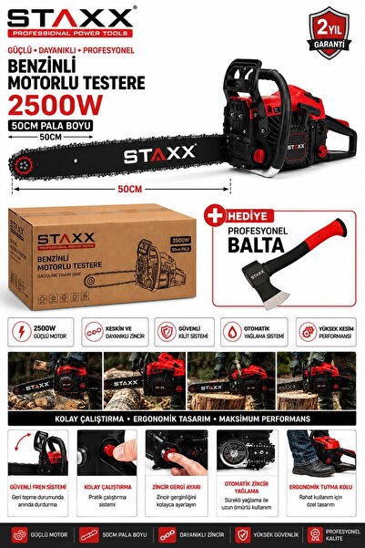 STAXX POWER 50 CM Pala Benzinli Motorlu Testere Ağaç Kesme Motoru 2500W 38 Di...