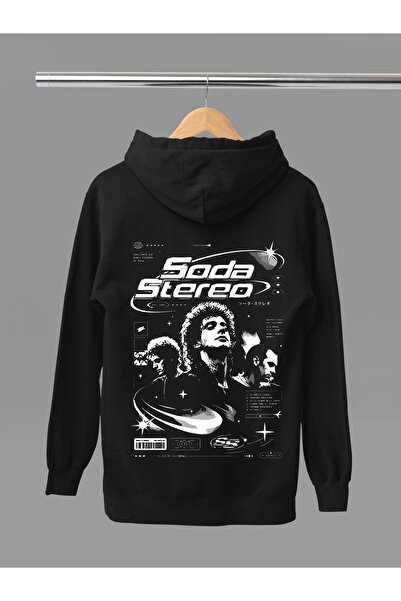 MAGORS سويت شيرت روك بقلنسوة من القطن مطبوع عليه SODA STEREO بأكمام طويلة و3 ...