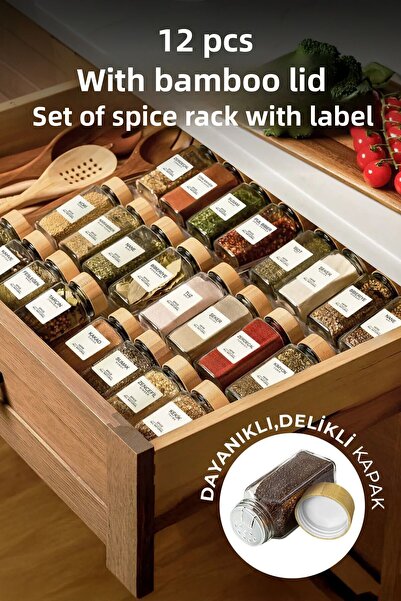 Saving ecom 12" Square Glass Spice Jar Set with Bamboo Lid/40Pcs with Label S...