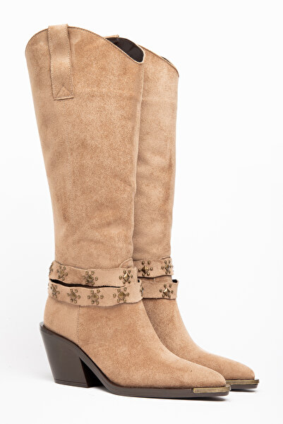 DENORA Mink Camel Matte Suede Metal Toe Cap Below the Knee Staple Belt Detail...