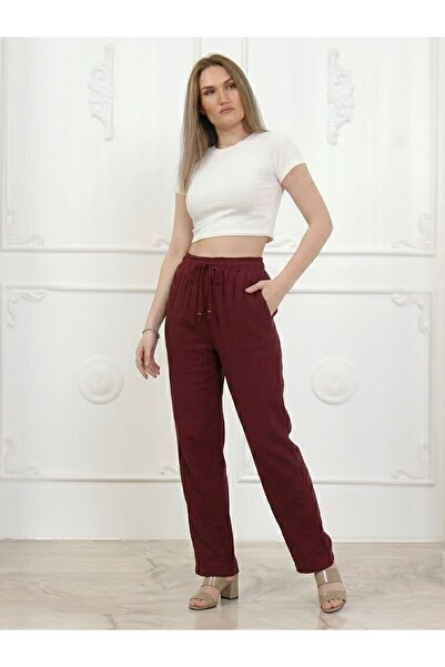 Flubutik Women's Cotton Muslin Fabric Loose-Fitting Trousers Burgundy