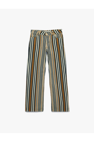 Koton Buttoned Pocketed Cotton Low Waist Straight Leg Striped Trousers - Stra...