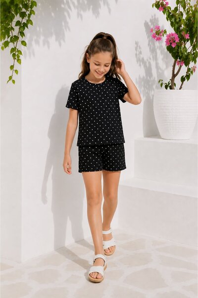 Cansın Mini Black Girl's Polka Dot Patterned Badili Shorts Set 24627