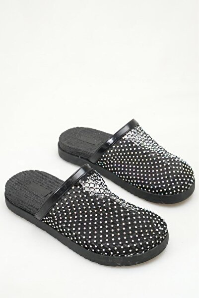 Generic Brand Stella Stone Embroidered Mesh Detailed Women's Black Slippers