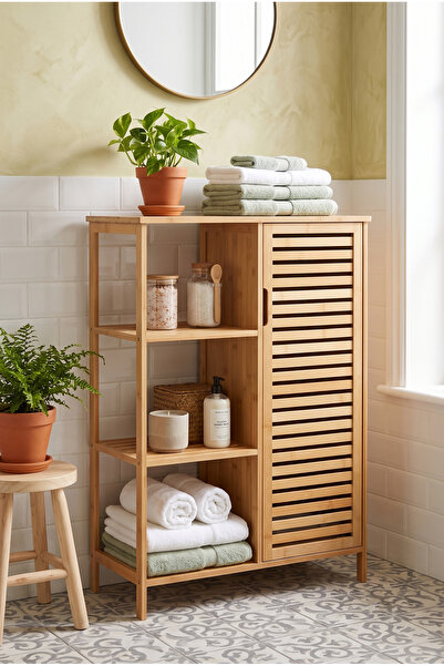 Robin Home Bambu Banyo Dolabı Doğal Ahşap Çok Gözlü Çamaşır ve Havlu Düzenley...