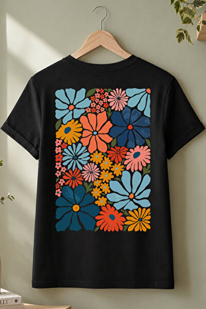 Spoyi Colorful Daisy Design 100% Cotton Half Oversize Black T-Shirt