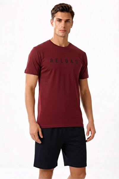 Sude HOMEWEAR Men's Short Sleeve Shorts Burgundy Color Pajama Set