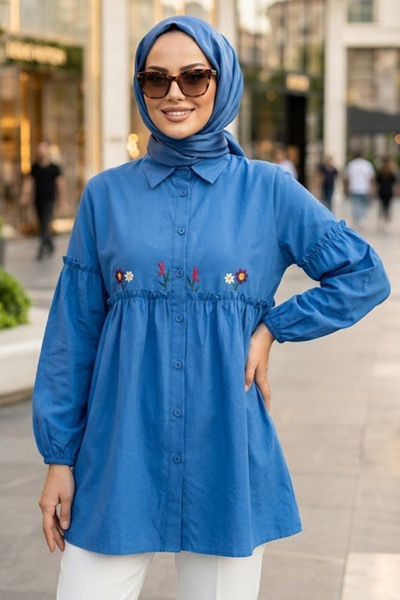 N.S NEVA STYLE Embroidery Patterned Sax Blue Hijab Tunic 40603Sx