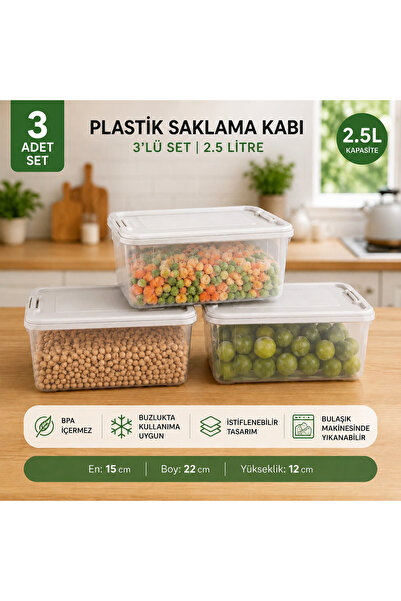 Genel Markalar 3’lü Saklama Kabı Seti 2.5 Litre Kilitli Kapaklı Şeffaf Erzak ...