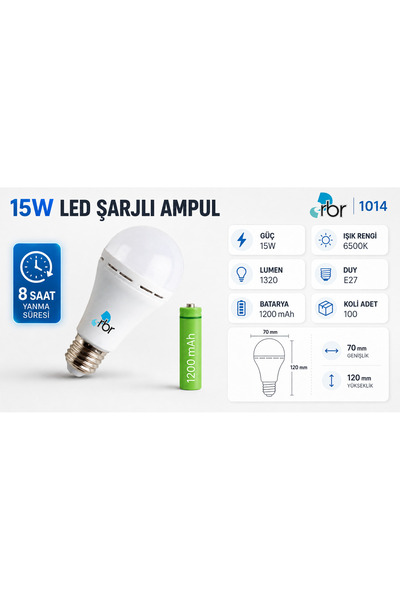 RBR 15W Şarjlı LED Ampul E27 6500K Beyaz Işık 1320 Lümen 1200 mAh 8 Saate Kad...
