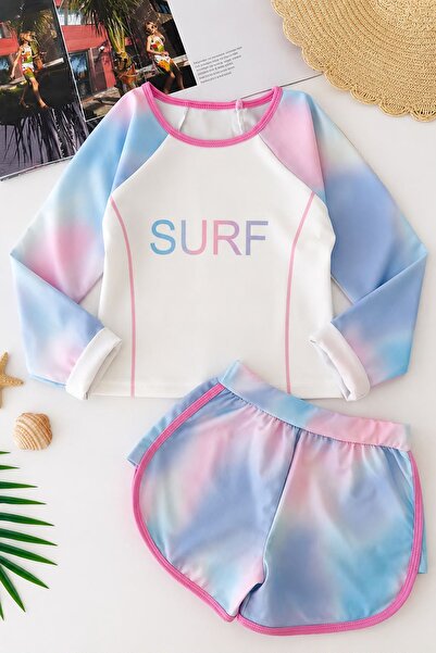 Minigimin Cicileri Surf Pastel Batik Patterned Girls' Swimsuit Set - Turquoise