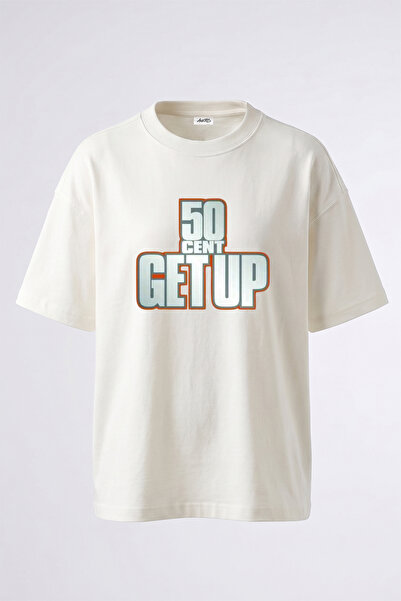 Anetos تي شيرت أبيض كبير الحجم مطبوع عليه تصميم Get Up من 50 Cent للجنسين