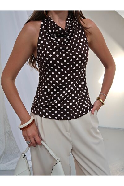 Paw Garage Women's Noelle Viscose Polka Dot Degaje Collar Sleeveless Blouse