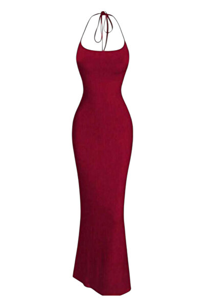 OEM Rochie eleganta, rosie, lunga, fara maneci, cu snur dupa gat, S