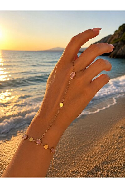 yes ticaret Pink Stone Detailed Gold Color Steel Şahmeran Hand Chain Women's ...
