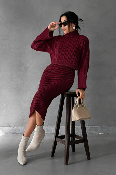 CloudyMood Women's Stone Collar Knitted Motif Crop Sweater and Knitwear Burgu...