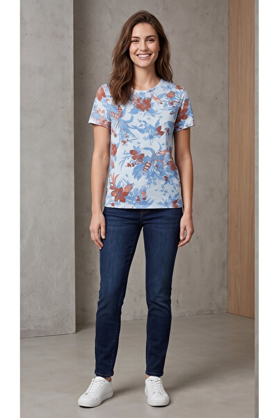Collezione Women's Floral Patterned Crew Neck Cotton Basic T-Shirt