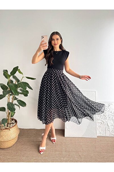 Jöns Butik Women's Black Top Polka Dot Skirt Embellished Dress – Midi Chiffon...