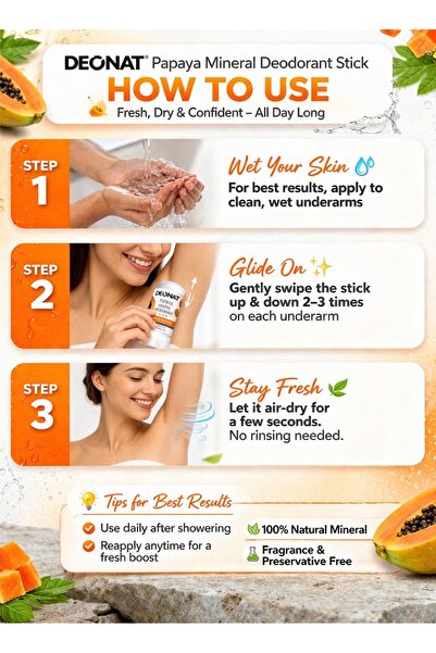 DEONAT Pack of 2 Papaya Mineral Deodorant Stick 100g Brightening Natural Crys...