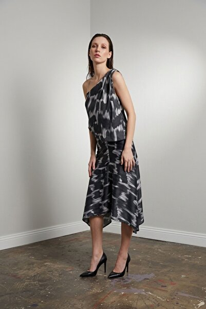 Hiccup My Fashion Asymmetric Satin Blouse and Midi Skirt Set