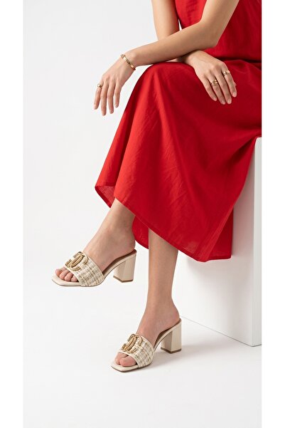 Eysha Azvora Women's Leather Square Toe Straw Gold Buckle Heeled Slippers 8 cm