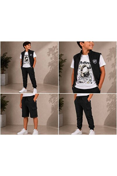 KADİR BABA Boys' Vest T-Shirt Shorts Pants 4 Piece Set 6-12 Years