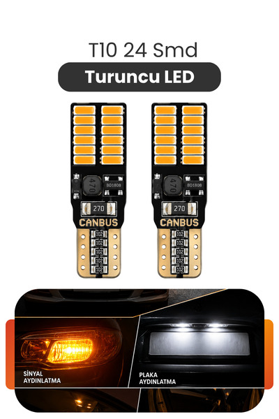 Asdelya T10 W5W 24 SMD Canbus Turuncu LED Ampul Sinyal Park İç Aydınlatma 2 Adet