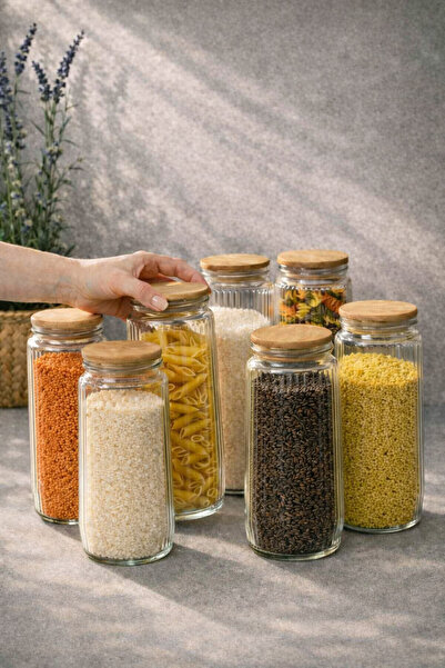 Mutfak Köşesi Set of 6 Glass Jars with Wooden Lids - Vacuum Sealed Food Stora...