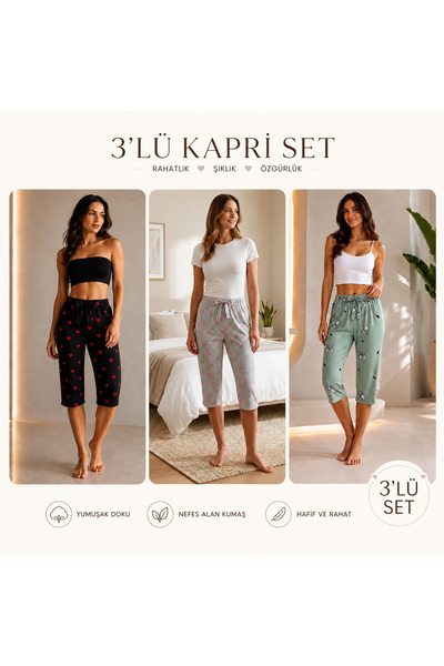 FISILTI COLLECTİON Kadın Kapri Pijama Altı 3’lü Paket Viskon Rahat Kalıp Desenli
