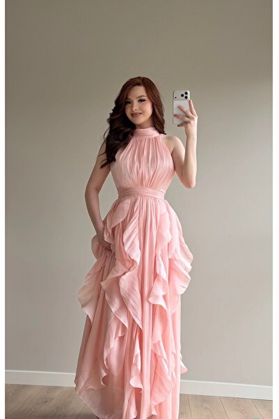 ayşenur Dinçer butik Tutku Fırfırlı Elbise Pudra Pembe