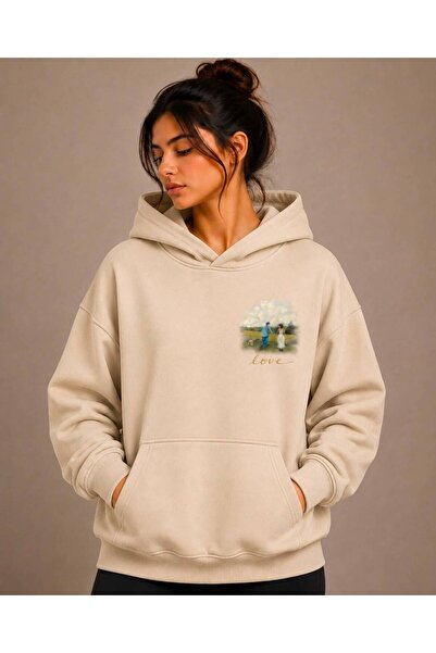 caddekombin Love Printed Hooded Green Sweatshirt with Kangaroo Pocket and Woo...