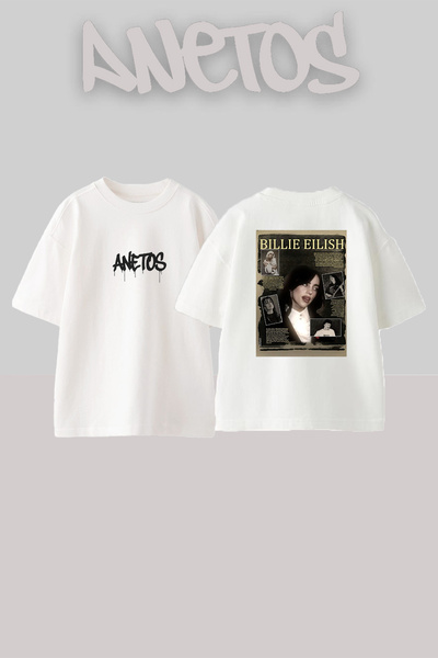 Anetos Billie Eilish_67 Λευκό μπλουζάκι με τυπωμένο σχέδιο Unisex Oversize